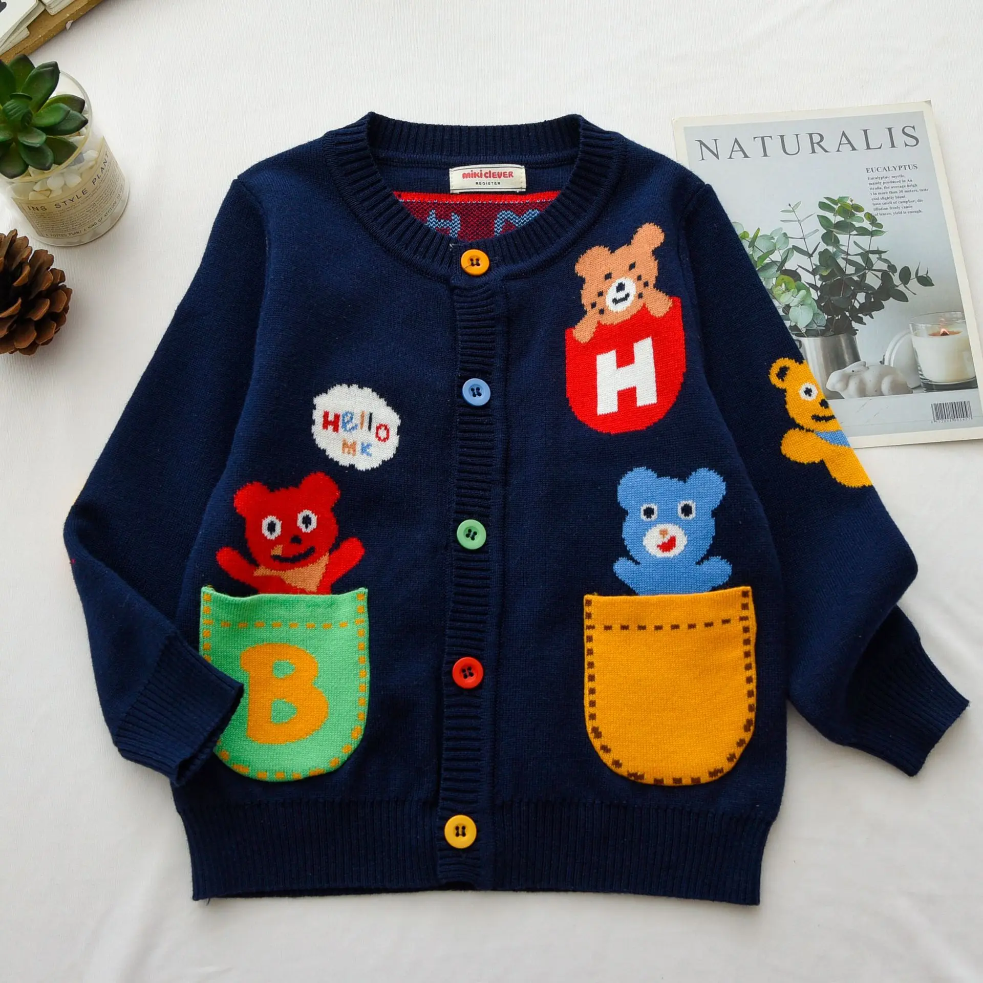 2025 Autumn Japanese Bear Double Color Pocket Knitted Cardigan Cartoon Children's Double Layer Sweater High Quality Thick Sweate