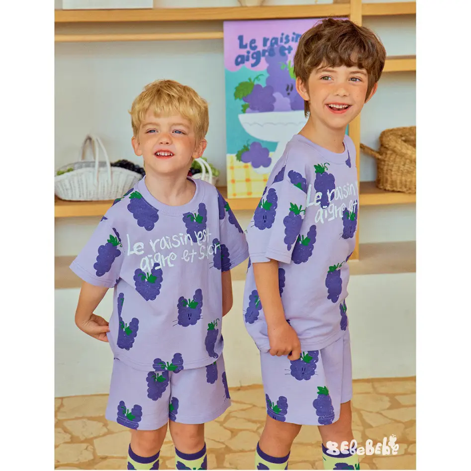 2025 Summer New Children's Sports Two-piece Set Cartoon Grape Full Printed Short Sleeved Pants Set For Children