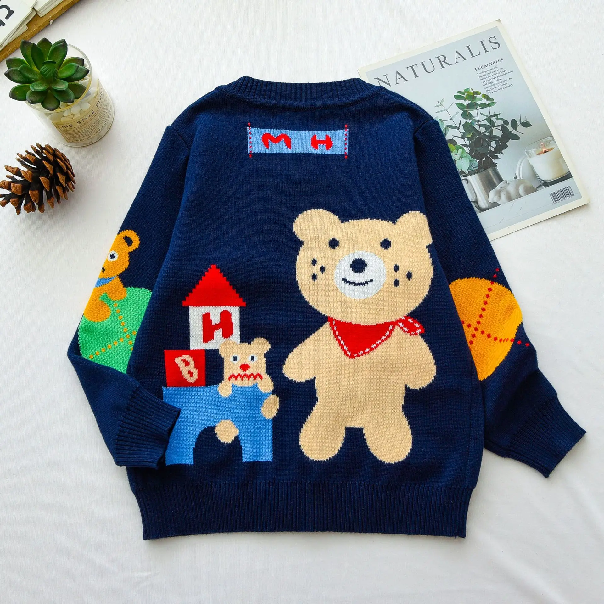 2025 Autumn Japanese Bear Double Color Pocket Knitted Cardigan Cartoon Children's Double Layer Sweater High Quality Thick Sweate