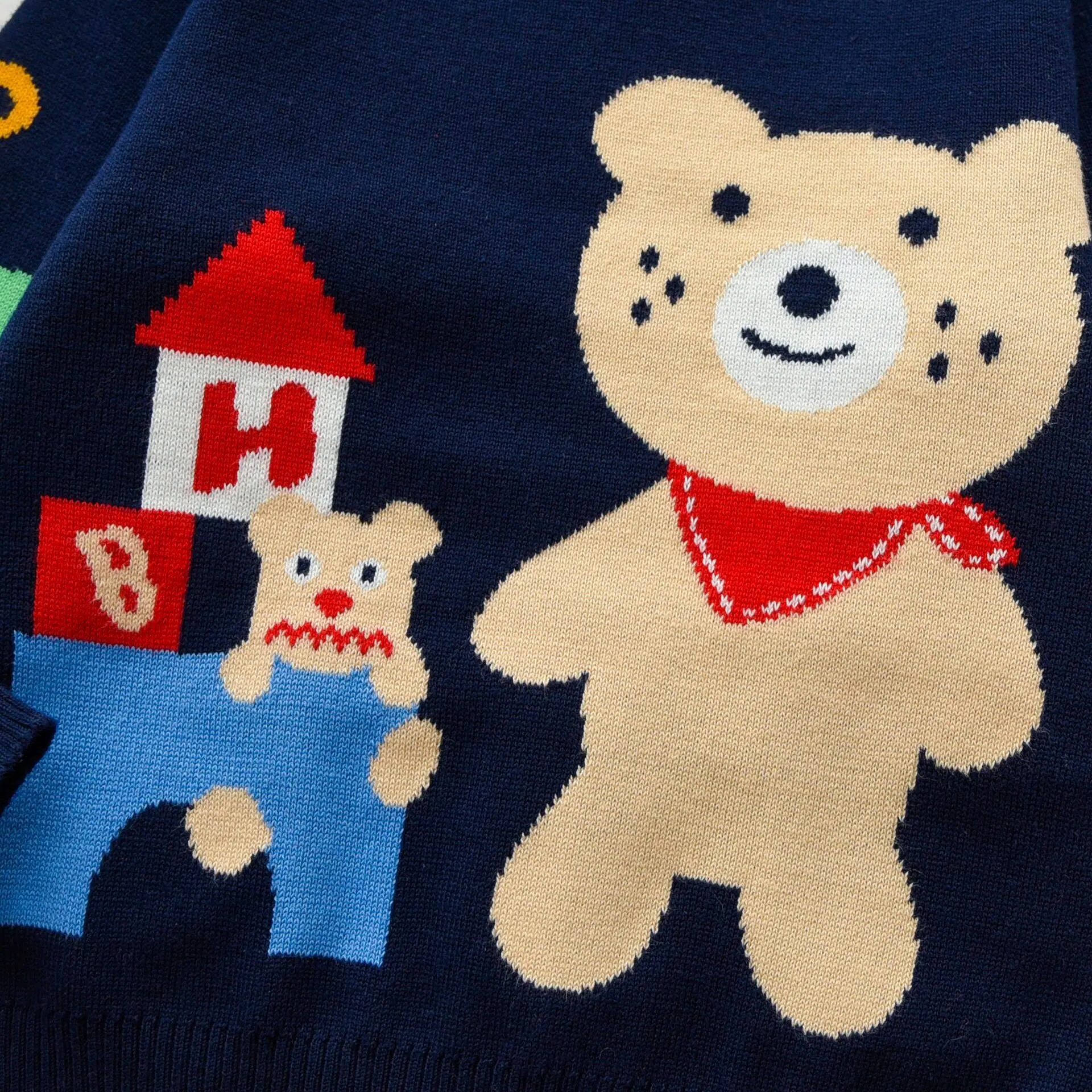 2025 Autumn Japanese Bear Double Color Pocket Knitted Cardigan Cartoon Children's Double Layer Sweater High Quality Thick Sweate