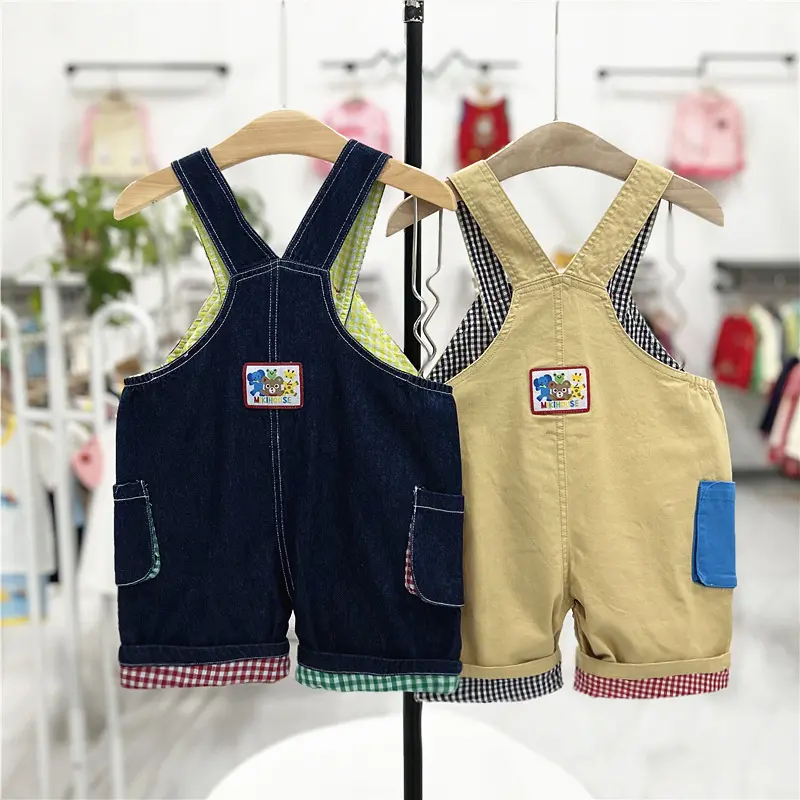 2025 Summer New Children's Clothing Cartoon Bear Letter Splicing Strap Shorts Color Contrasting Cotton Cute Japanese Pants