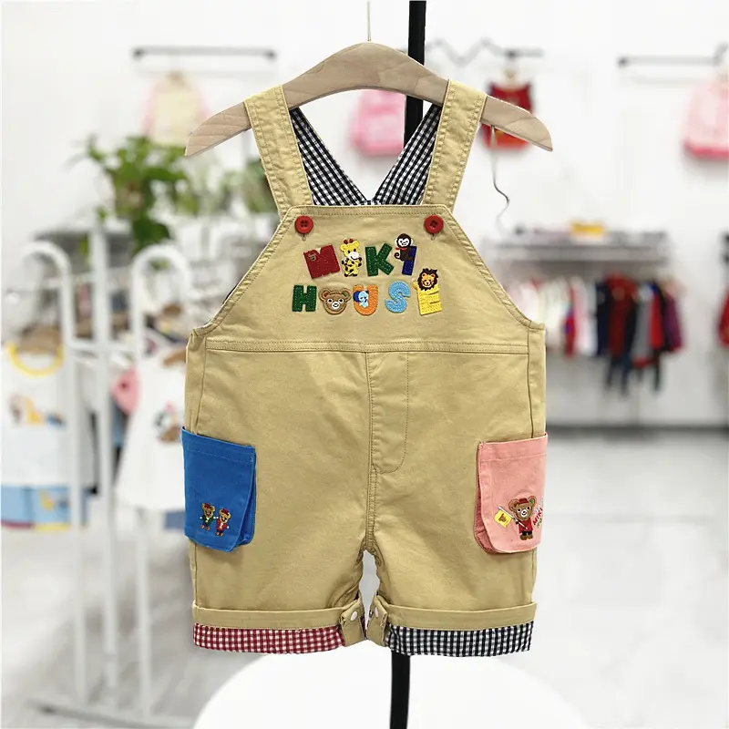 2025 Summer New Children's Clothing Cartoon Bear Letter Splicing Strap Shorts Color Contrasting Cotton Cute Japanese Pants
