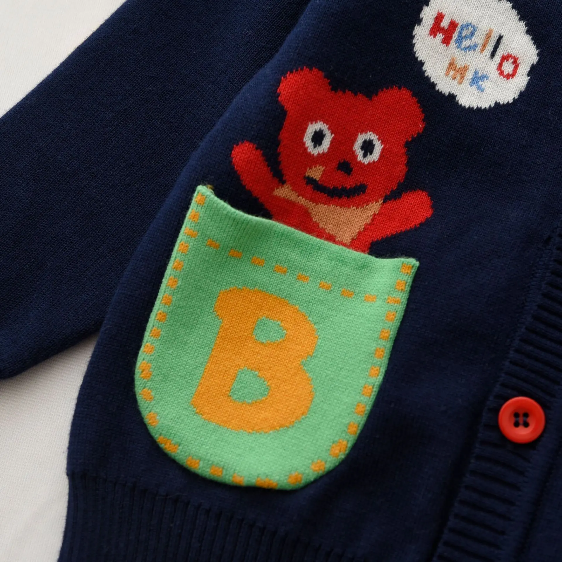 2025 Autumn Japanese Bear Double Color Pocket Knitted Cardigan Cartoon Children's Double Layer Sweater High Quality Thick Sweate