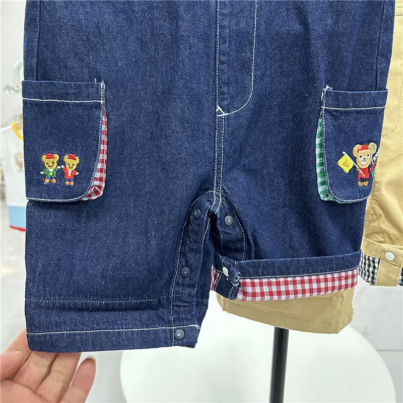 2025 Summer New Children's Clothing Cartoon Bear Letter Splicing Strap Shorts Color Contrasting Cotton Cute Japanese Pants