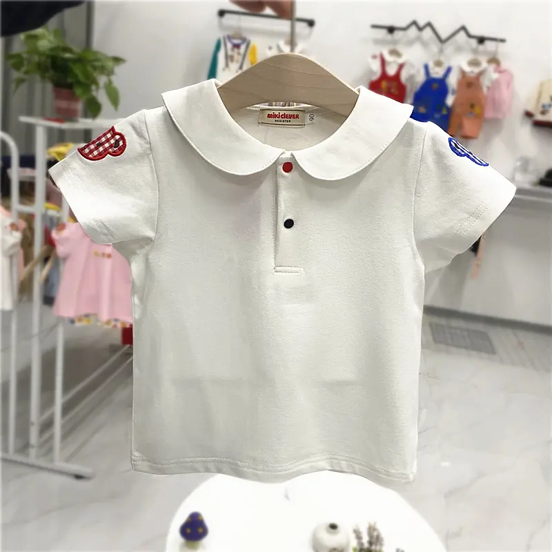 Summer New Japanese Cotton Children's Short Sleeve T-shirt Colorful Embroidery Small Polo Collar Academy Style T-shirt Top
