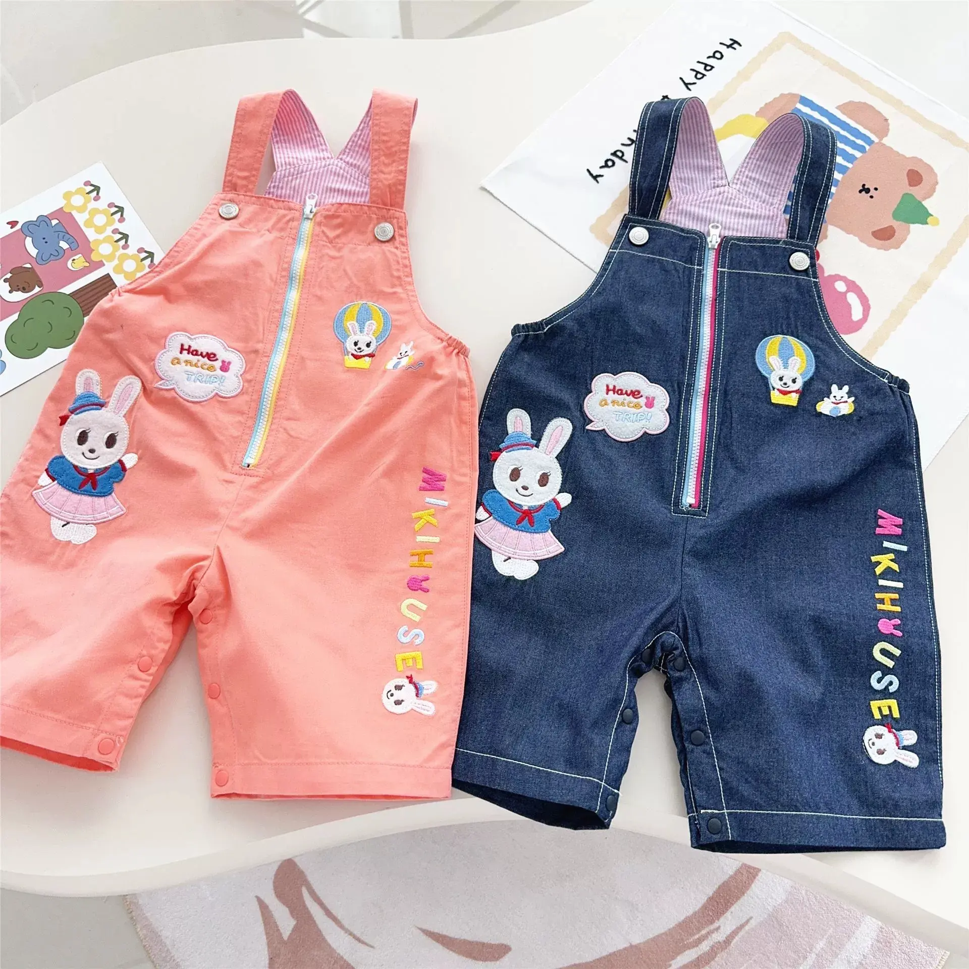 2024 Summer New Children's Clothing Cartoon Rabbit Letter Splicing Strap Shorts Color Contrasting Cotton Cute Japanese Pants