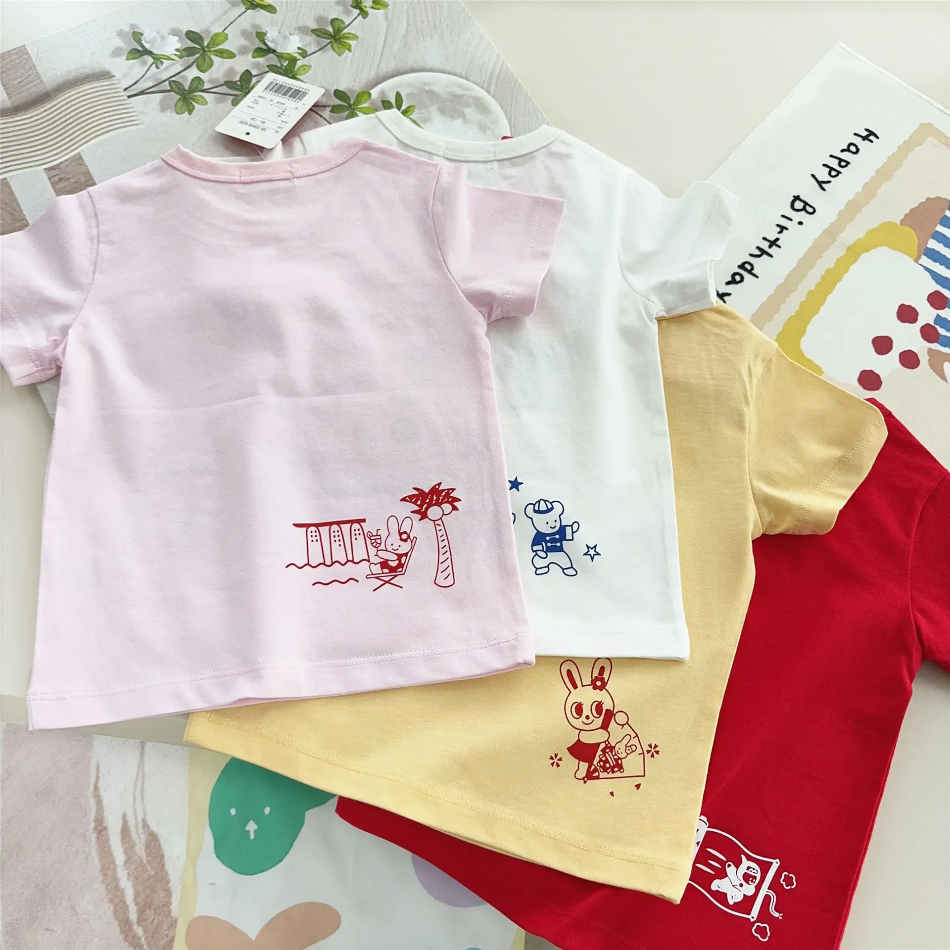 2025 Summer Fun Cotton Japanese New Cartoon Boys and Girls Baby Round Neck Short Sleeve Adventure Bear Top