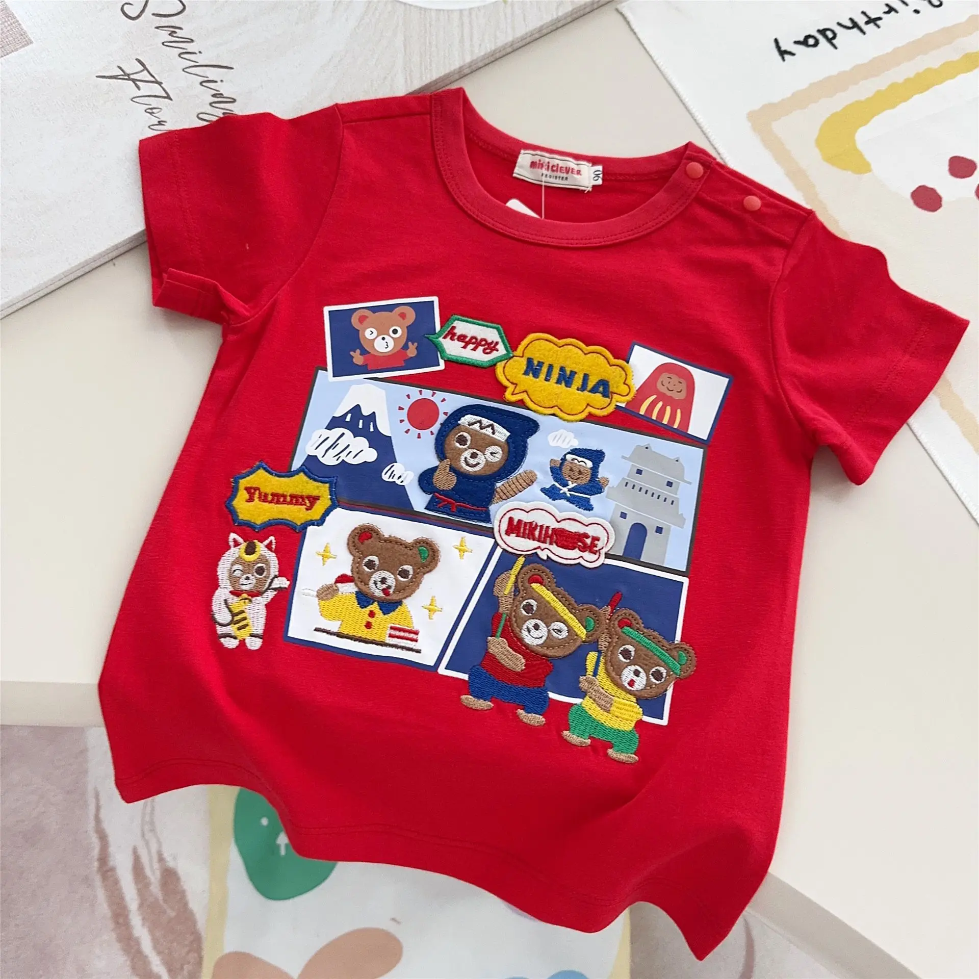 2025 Summer Fun Cotton Japanese New Cartoon Boys and Girls Baby Round Neck Short Sleeve Adventure Bear Top