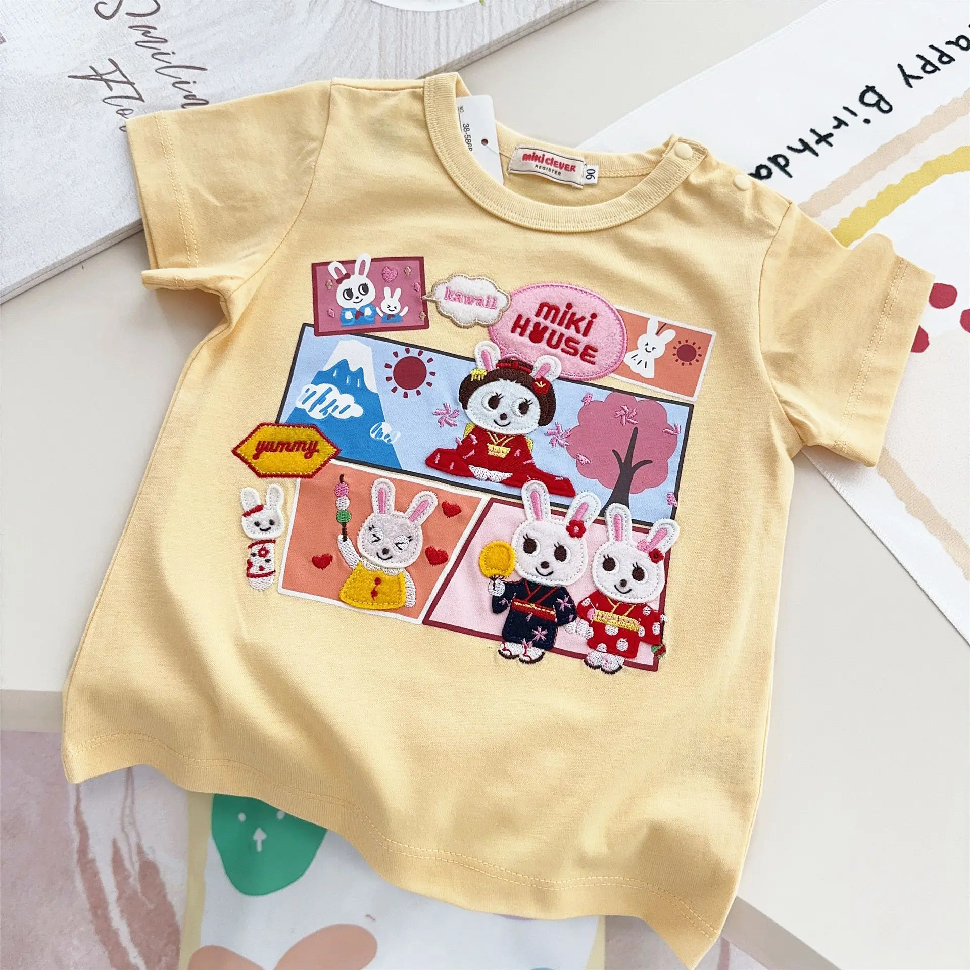 2025 Summer Fun Cotton Japanese New Cartoon Boys and Girls Baby Round Neck Short Sleeve Adventure Bear Top