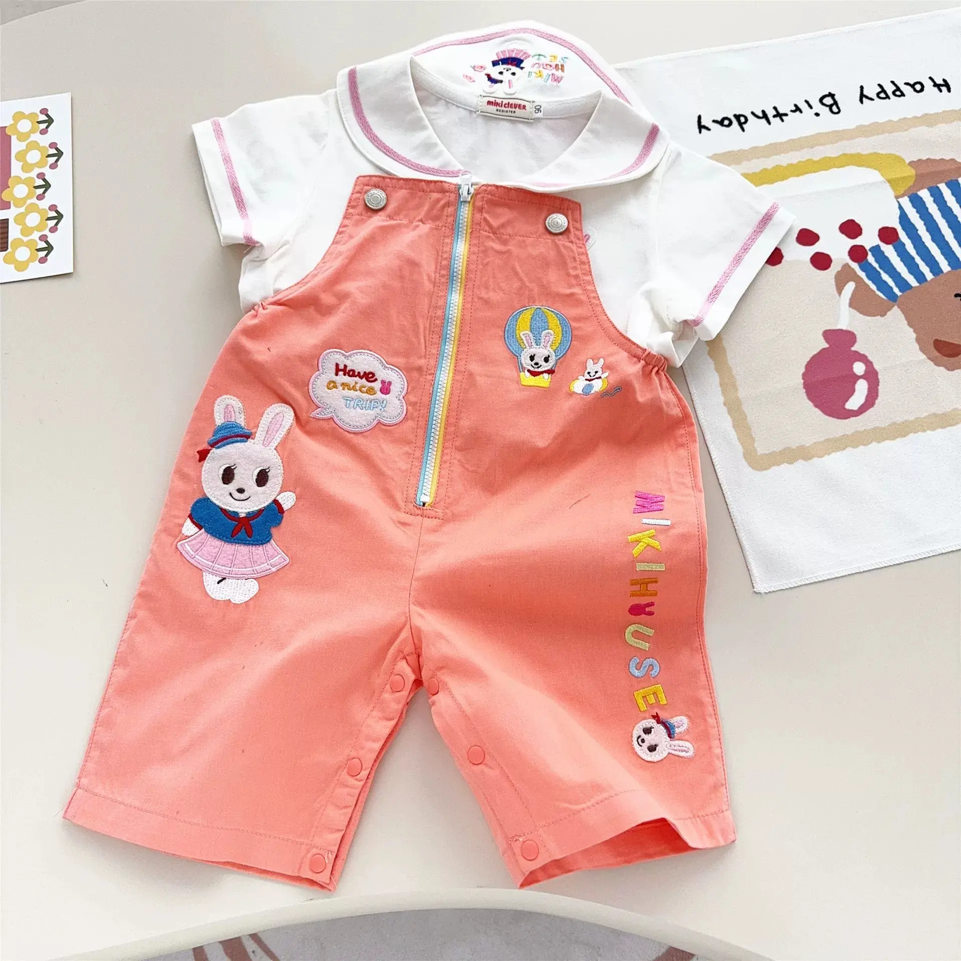 2024 Summer New Children's Clothing Cartoon Rabbit Letter Splicing Strap Shorts Color Contrasting Cotton Cute Japanese Pants