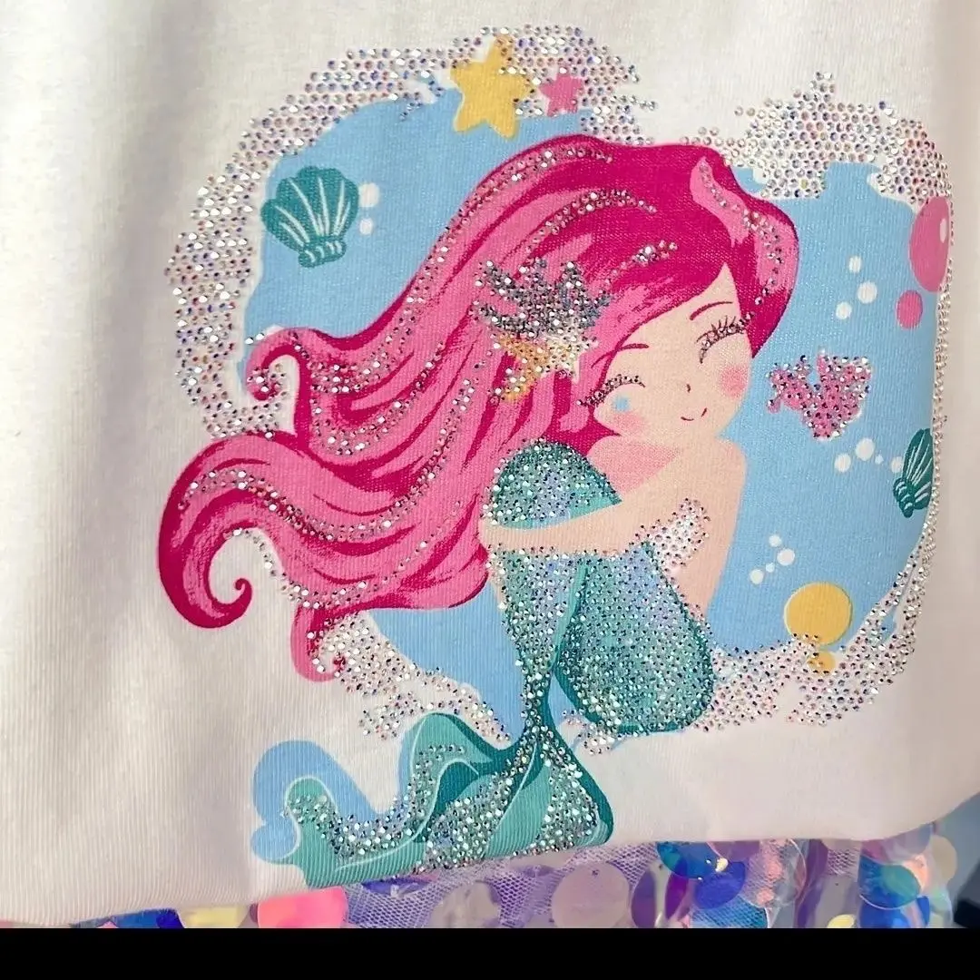 2025 New Girls' T-shirt Short Sleeve Spring/Summer Children's Clothing New Style Super Western Glitter Fish Tail Skirt