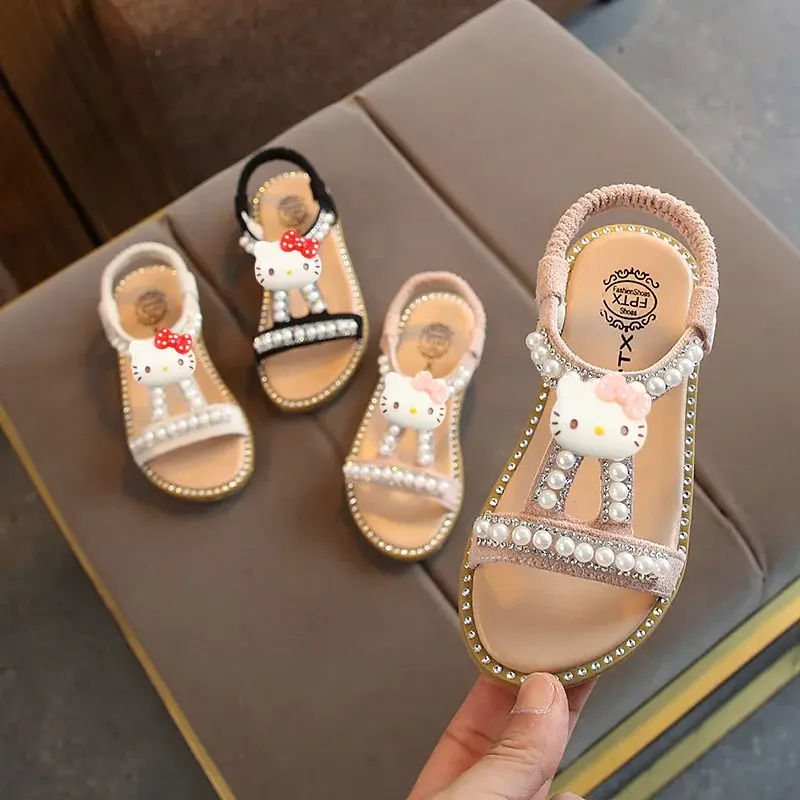 Sanrio summer new pearl sparkle diamond princess beach shoes hello kitty girls sandals gladiator shoes baby peep-toe slippers