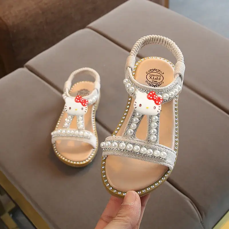 Sanrio summer new pearl sparkle diamond princess beach shoes hello kitty girls sandals gladiator shoes baby peep-toe slippers