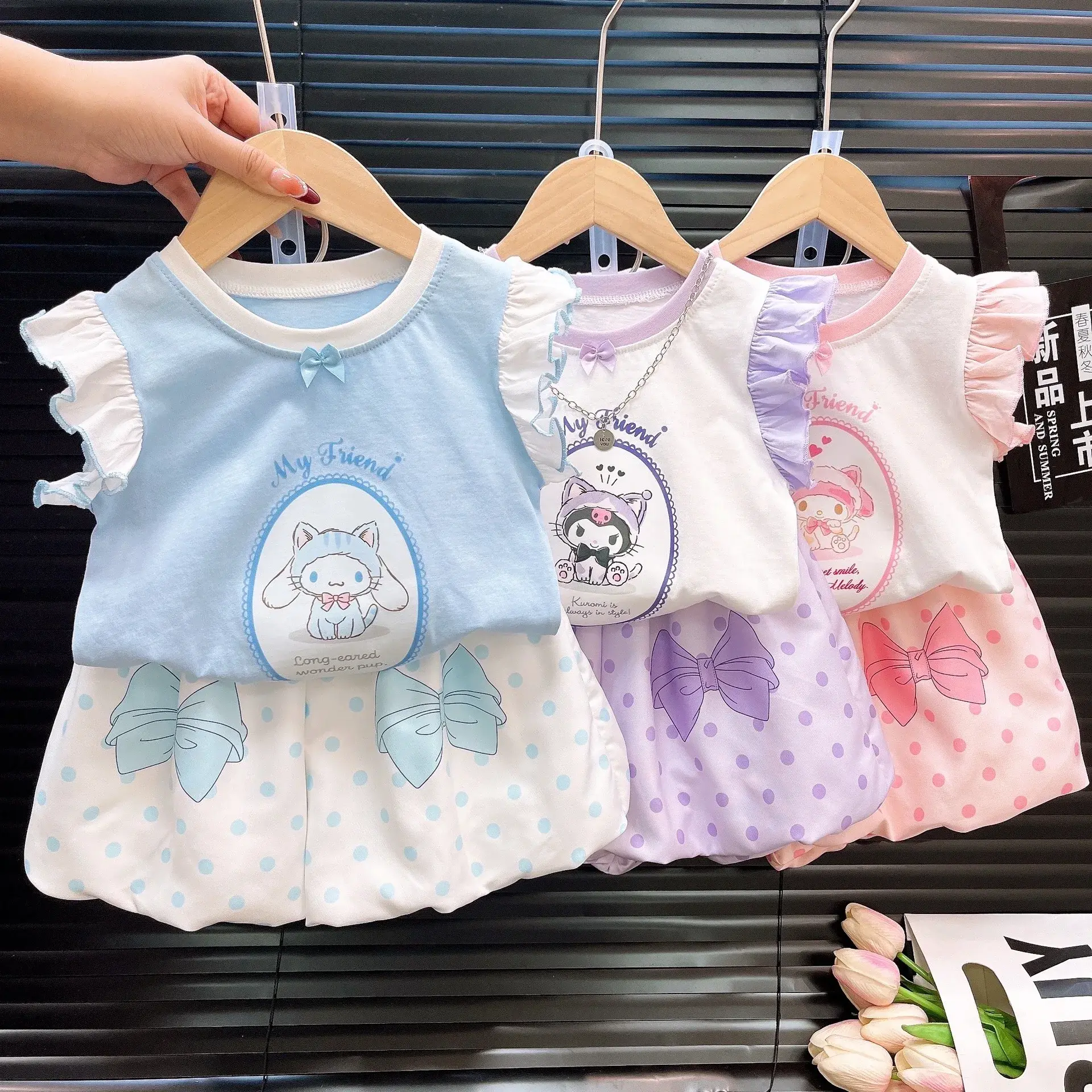 Sanrio hello kitty children shorts girls princess ruffle little fly sleeve vest T-shirt short sleeve cute bud shorts suit summer