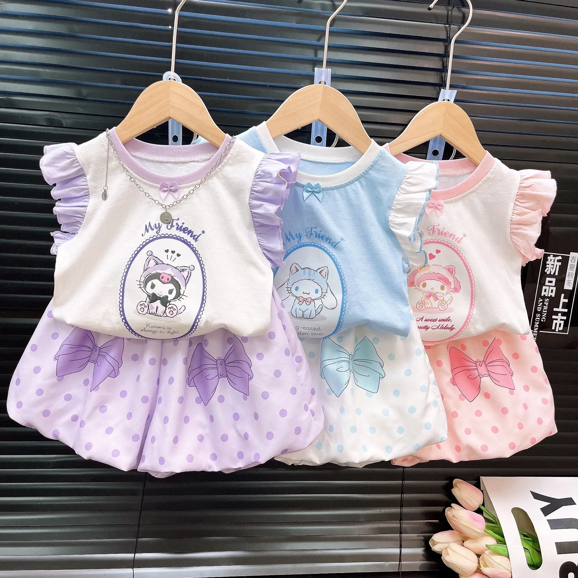 Sanrio hello kitty children shorts girls princess ruffle little fly sleeve vest T-shirt short sleeve cute bud shorts suit summer