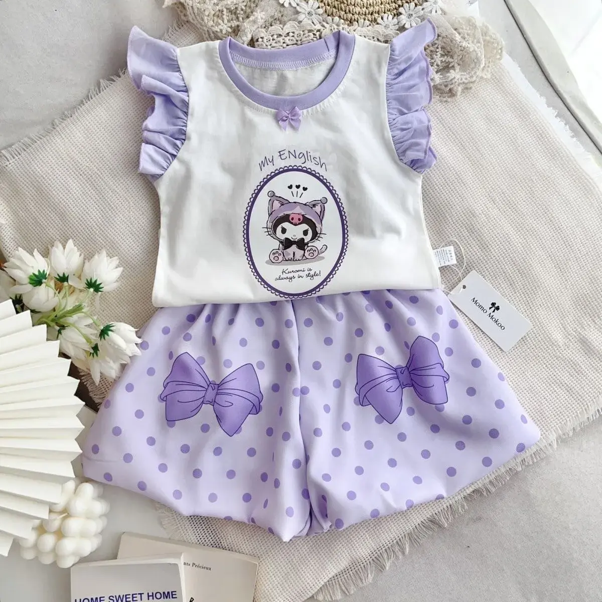 Sanrio hello kitty children shorts girls princess ruffle little fly sleeve vest T-shirt short sleeve cute bud shorts suit summer