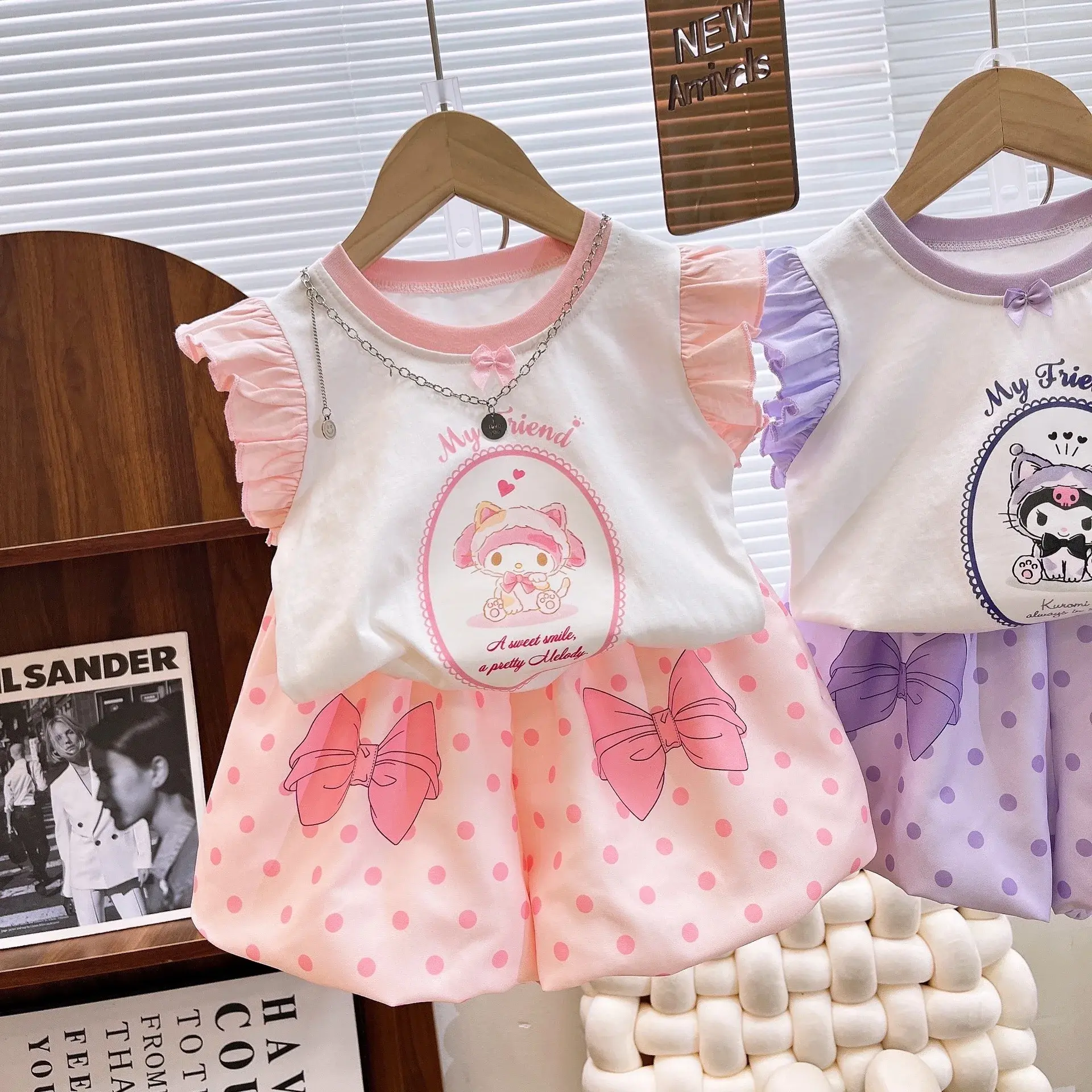 Sanrio hello kitty children shorts girls princess ruffle little fly sleeve vest T-shirt short sleeve cute bud shorts suit summer