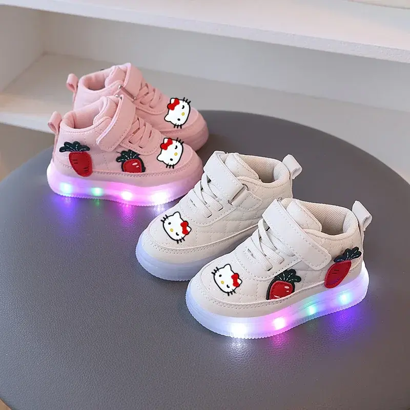 Sanrio children sports shoes girl boy casual board shoes hello kitty new pu cartoon casual shoes with lights LED  Sneakers