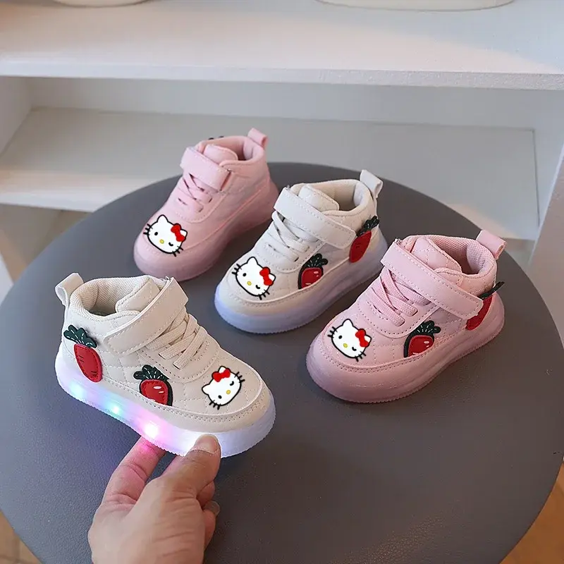 Sanrio children sports shoes girl boy casual board shoes hello kitty new pu cartoon casual shoes with lights LED  Sneakers