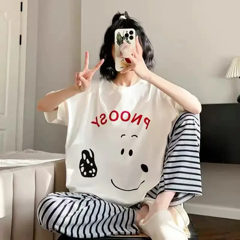 Summer Cartoon Cute New Girl Cartoon Spring sleepwear cute Home Clothes Snoopy Pajama Women's Short Sleeve Pants Set nightgown