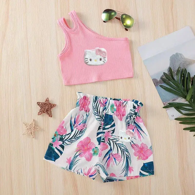 Sanrio summer girl cartoon cute vest flower shorts set hello kitty new fashion children vest suspender short sleeve shorts suit