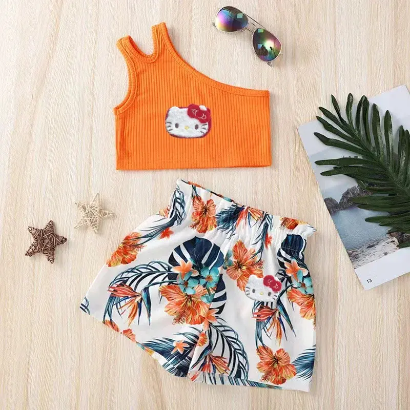 Sanrio summer girl cartoon cute vest flower shorts set hello kitty new fashion children vest suspender short sleeve shorts suit
