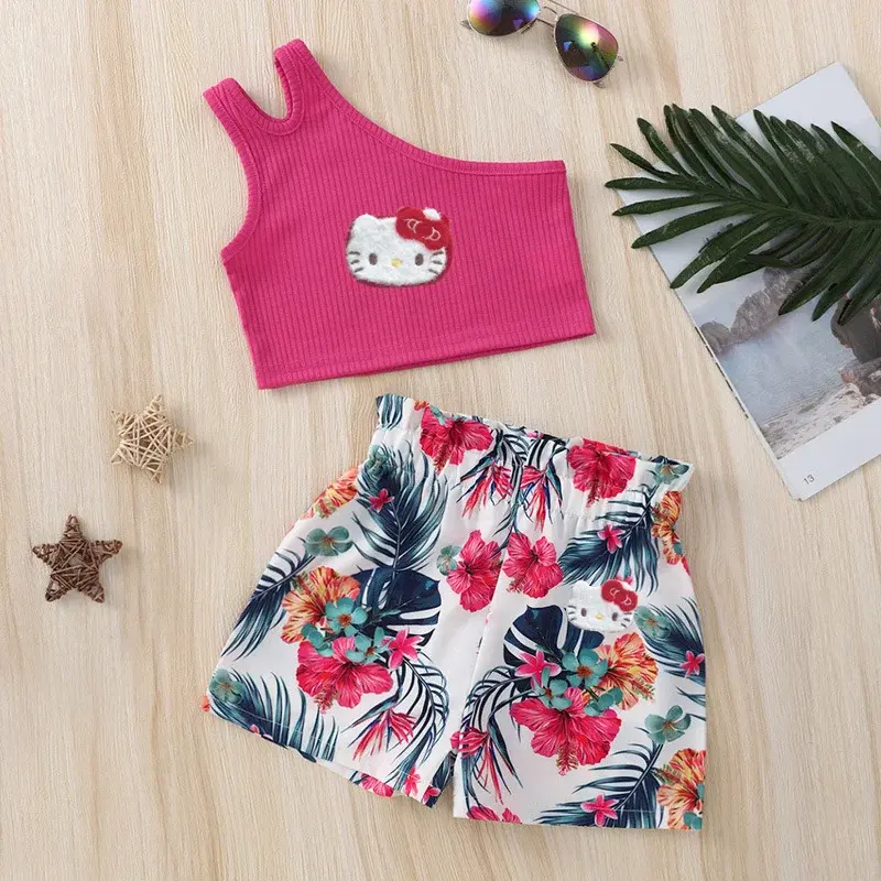 Sanrio summer girl cartoon cute vest flower shorts set hello kitty new fashion children vest suspender short sleeve shorts suit