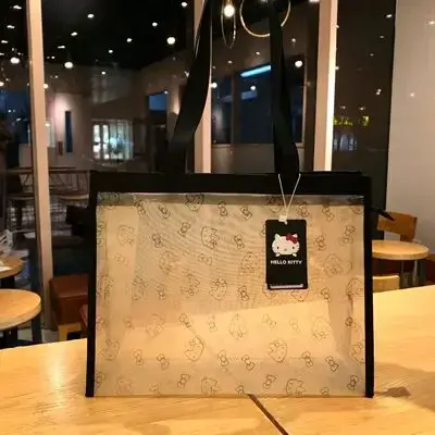 sanrio hello kitty arge capacity handbbag mesh women girl shoulder bag transparent tote gym Beach storage bag