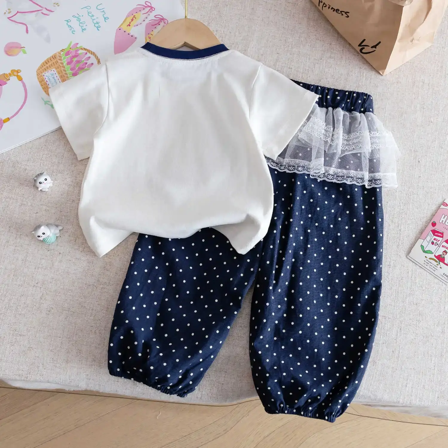 Sanrio hello kitty baby girls summer fashion short sleeve pants suit summer T-shirt top polka-dot pants children's 2pcs clothing