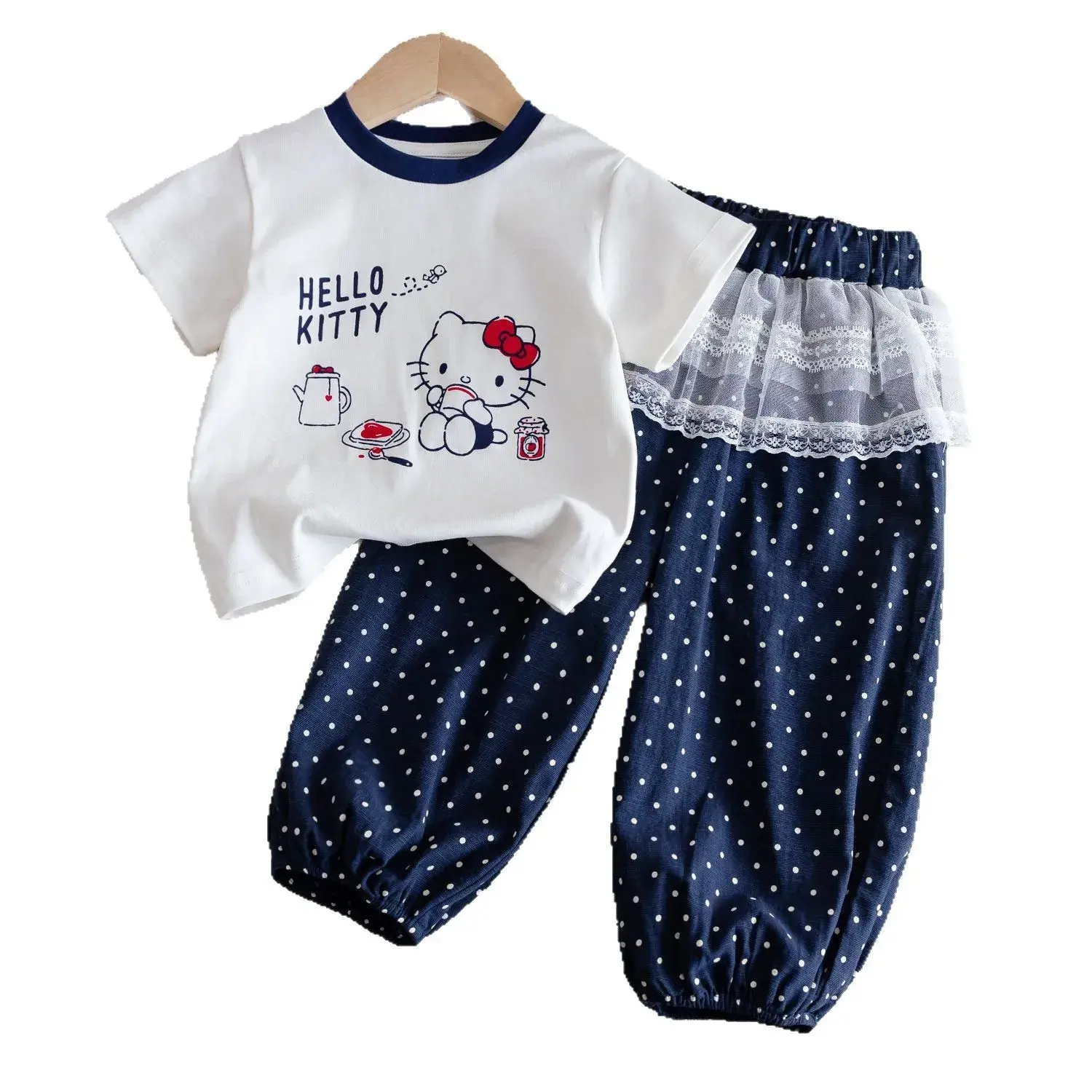 Sanrio hello kitty baby girls summer fashion short sleeve pants suit summer T-shirt top polka-dot pants children's 2pcs clothing