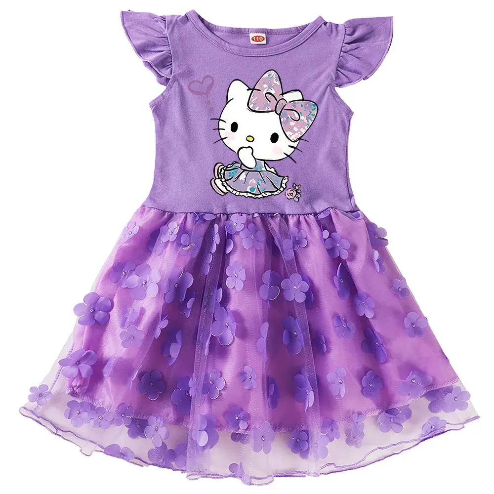 Sanrio kuromi spring and autumn princessT-shirt skirt dress hello kitty girls gauze dress new children's cartoon short sleeve