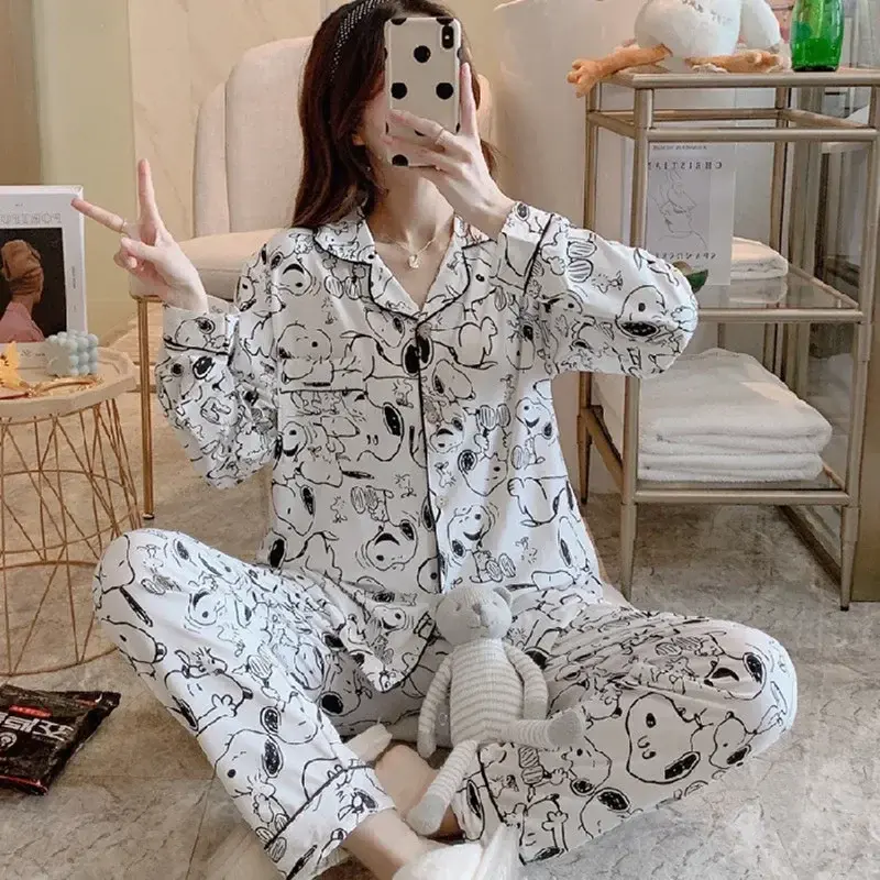 Snoopy Pajamas Women's Spring and Fall Long Sleeve Pants Cardigan Suit Home Clothes Cute Cartoon sleepwear nightgown