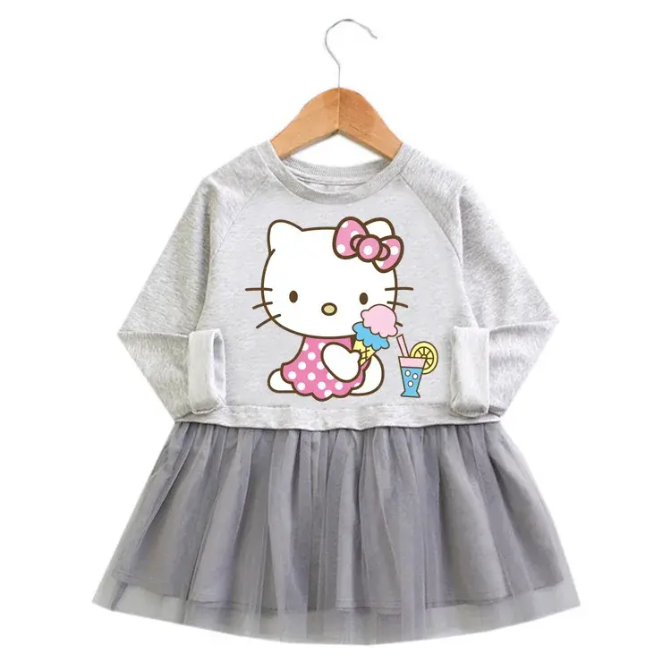 Sanrio Hello Kitty spring and autumn new girls dress cartoon long-sleeved mesh skirt baby princess dress