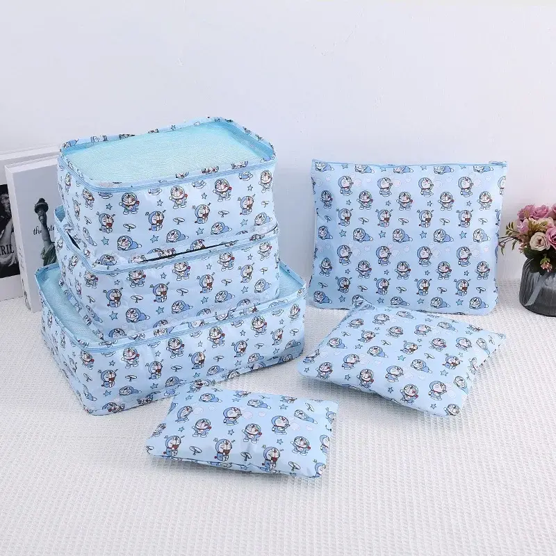 6pcs dust-proof storage wash handbag travel cosmetic bag Doraemon travel folding clothes finishing underwear storage bag