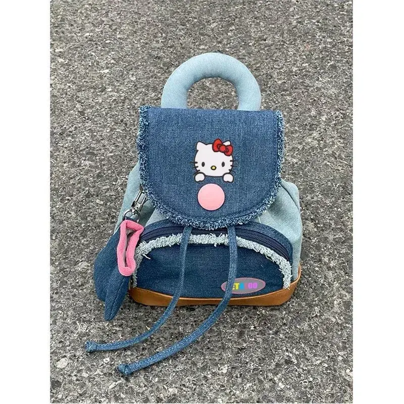 Sanrio New school Bag Female College Students Y2K Handbag Cute shoulder bag coin purse hello kitty Denim Button Backpack