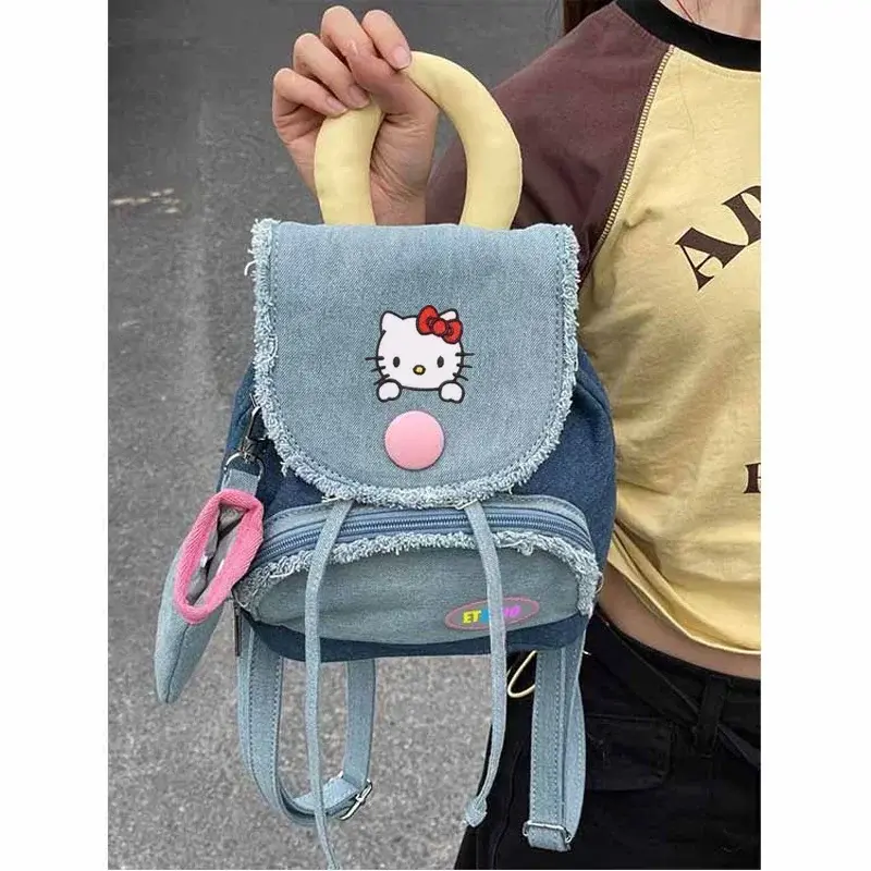 Sanrio New school Bag Female College Students Y2K Handbag Cute shoulder bag coin purse hello kitty Denim Button Backpack