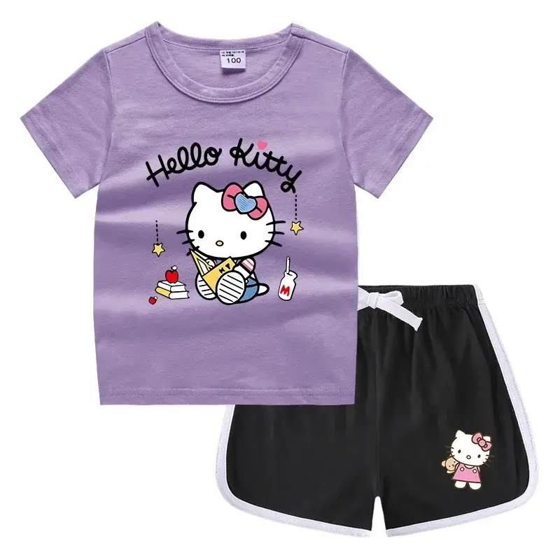 Sanrio Girls Short Sleeve Hot Pants hello kitty Summer children Crew Neck T-Shirt Shorts Undershirt