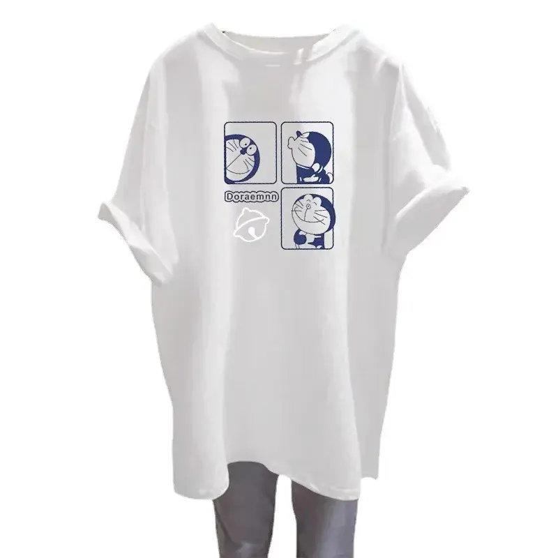 Cotton  summer new T-shirt Doraemon cartoon fashion all-match women T-shirt girl white black T-shirt
