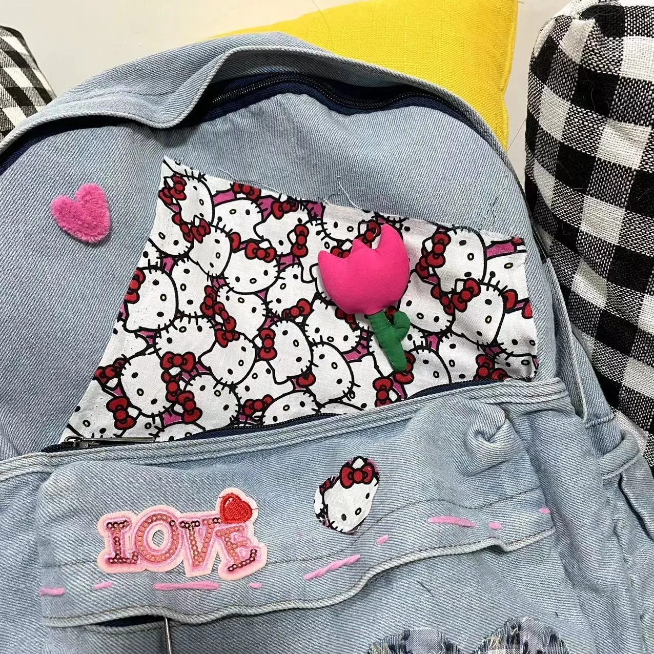 Sanrio girl handbag cartoon shopping bag hello kitty denim messenger bag stitching retro shoulder bag