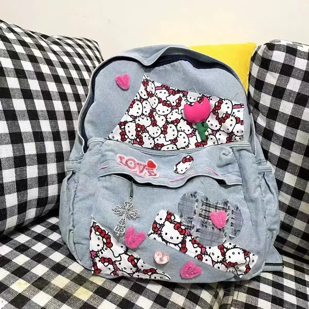 Sanrio girl handbag cartoon shopping bag hello kitty denim messenger bag stitching retro shoulder bag