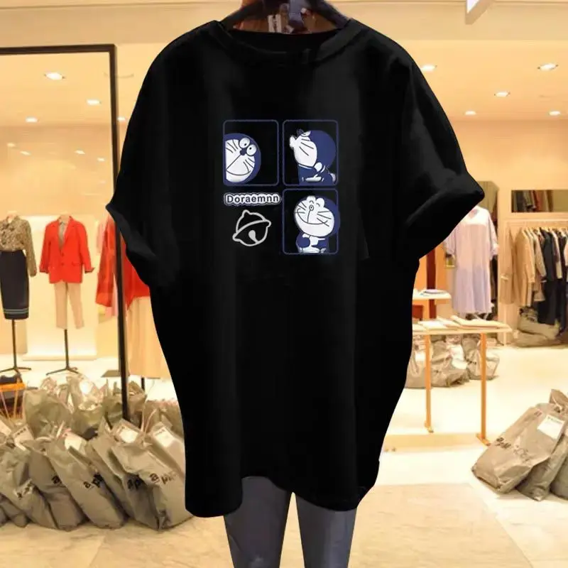 Cotton  summer new T-shirt Doraemon cartoon fashion all-match women T-shirt girl white black T-shirt