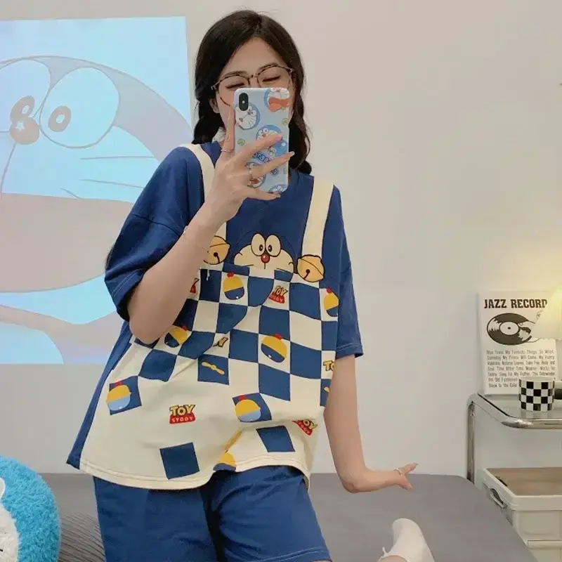 and Girls robes Home Clothes Cute Cartoon sleepwear women nightgown Doraemon Summer Pajamas T-Shirt Shorts Suit Boys