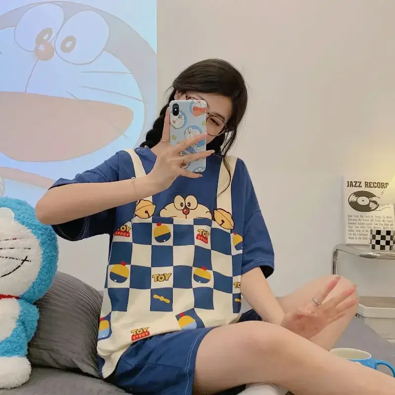 and Girls robes Home Clothes Cute Cartoon sleepwear women nightgown Doraemon Summer Pajamas T-Shirt Shorts Suit Boys