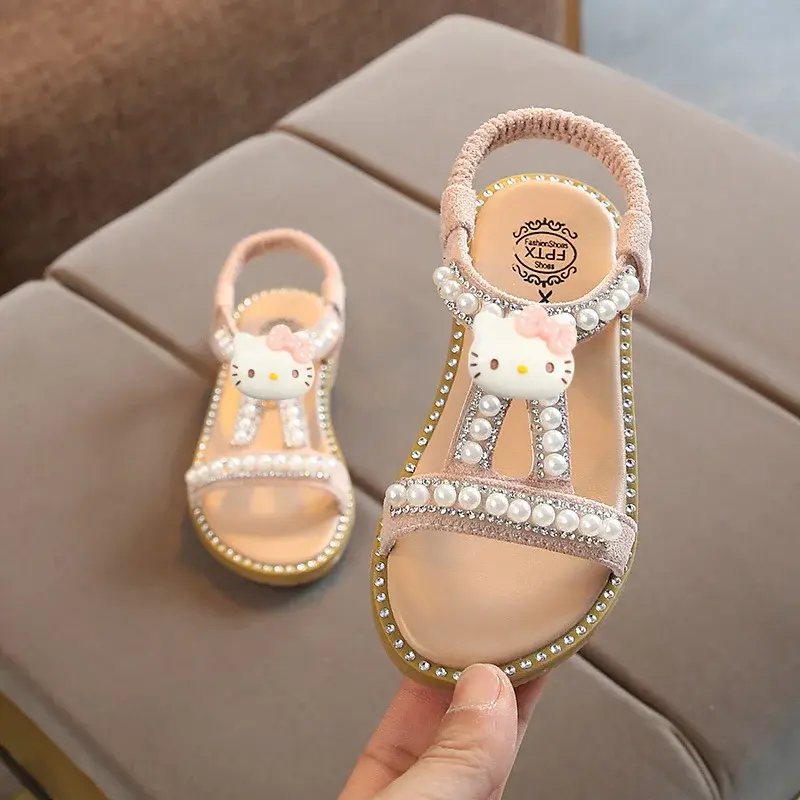 Sanrio hello kitty girls sandals gladiator shoes summer new pearl sparkle diamond princess beach shoes baby peep-toe slippers