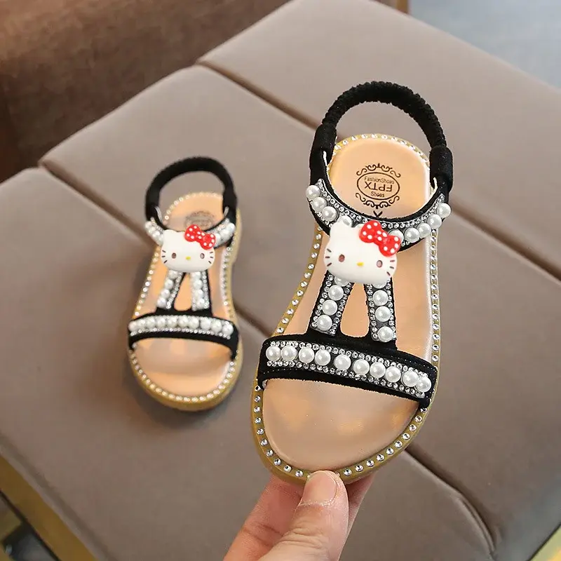 Sanrio hello kitty girls sandals gladiator shoes summer new pearl sparkle diamond princess beach shoes baby peep-toe slippers