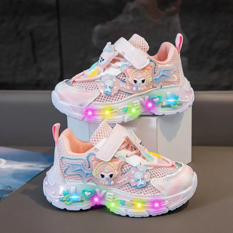 Sanrio Lighted Mesh Running Shoes hello kitty LED Girls Sneakers Summer New Girls Breathable Casual Shoes children sports shoes