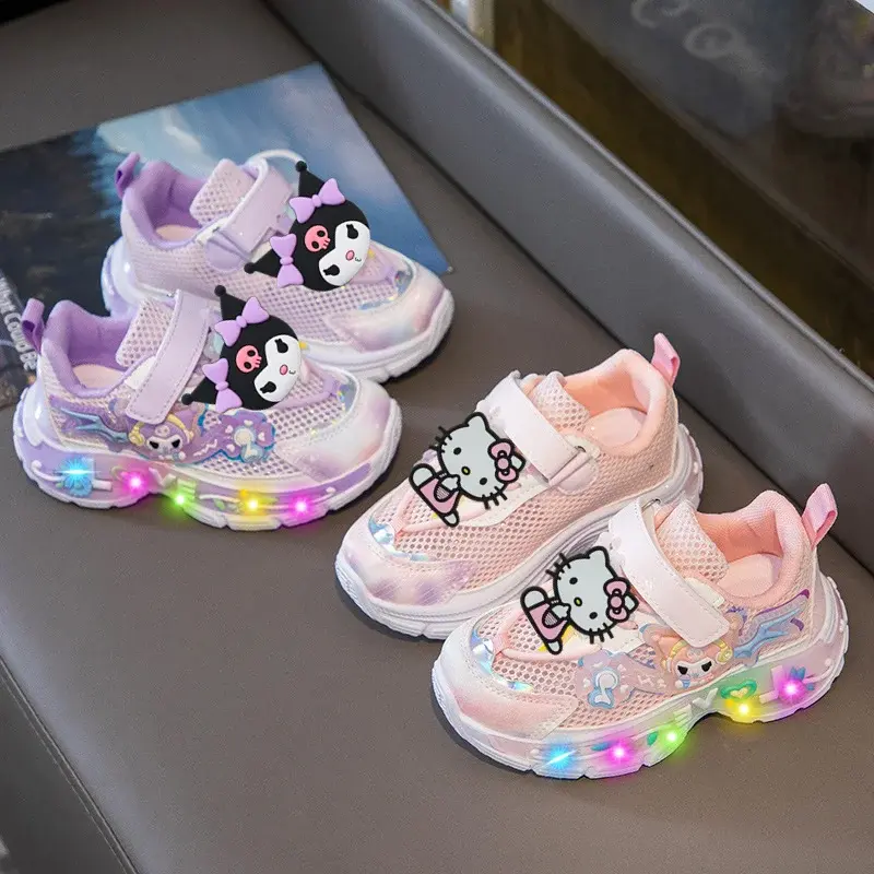 Sanrio Lighted Mesh Running Shoes hello kitty LED Girls Sneakers Summer New Girls Breathable Casual Shoes children sports shoes