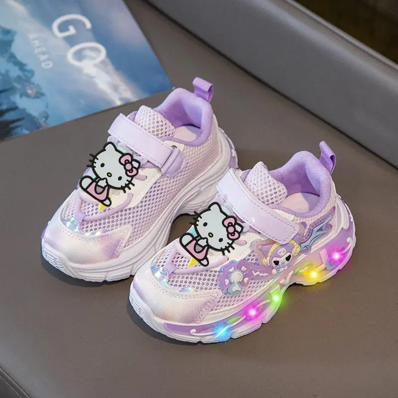 Sanrio Lighted Mesh Running Shoes hello kitty LED Girls Sneakers Summer New Girls Breathable Casual Shoes children sports shoes