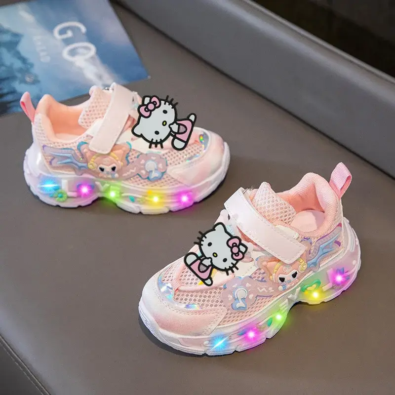 Sanrio Lighted Mesh Running Shoes hello kitty LED Girls Sneakers Summer New Girls Breathable Casual Shoes children sports shoes