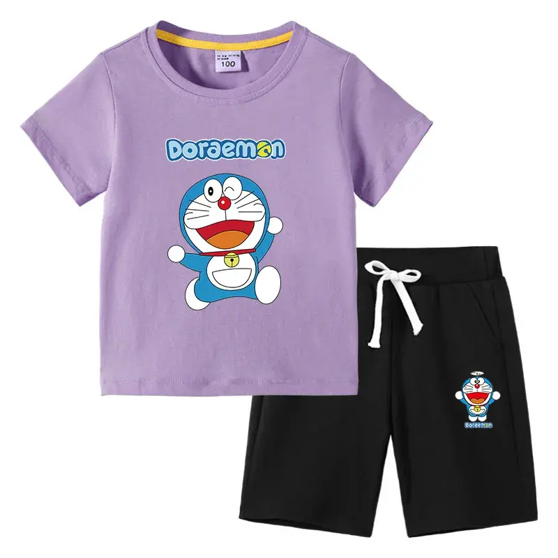 Doraemon  Children's T-Shirt Shorts Summer girl boy New Short Sleeve Cotton Children's Short Sleeve Medium Pant Suit